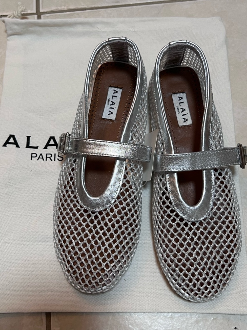 Alaia Silver Ballet Flat in Laminated Fishnet Shoes